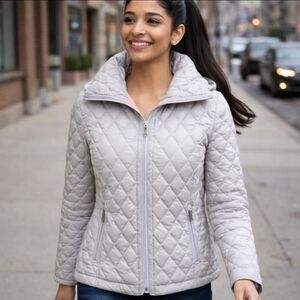 Michael Kors Puffer Jacket Women's Quilted Grey Fold Over Collar Size M